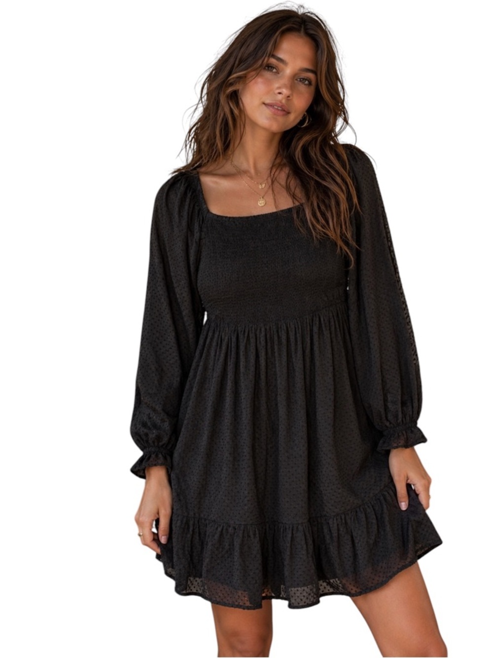 J. Crew Black Swiss Dot Smocked Mini Dress Puff Sleeve Size S